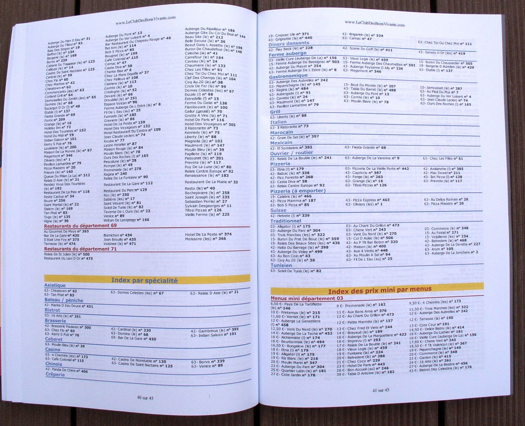 Le Club Des Bons Vivants Edition Priv�e index par sp�cialit� et des prix des menus mini