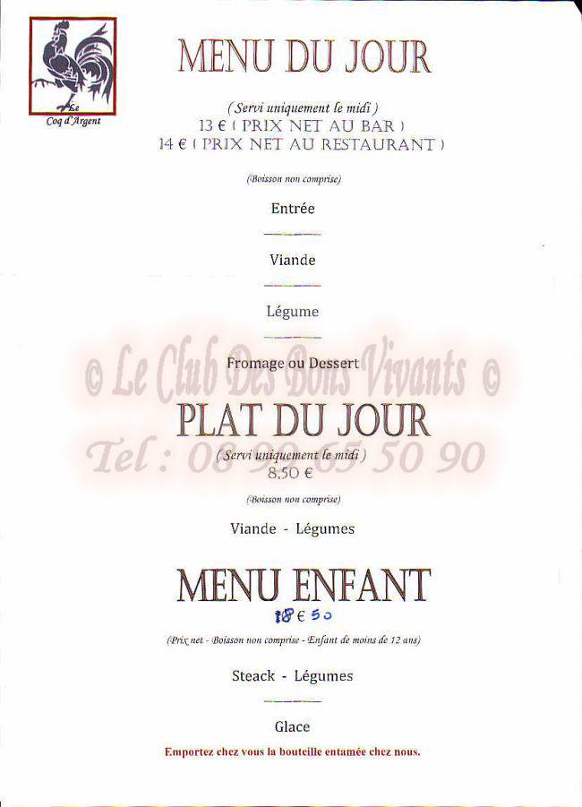 Restaurant COQ D ARGENT Carte et Menus
