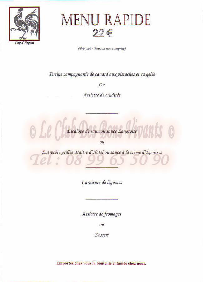 Le coq d'argent menu sale