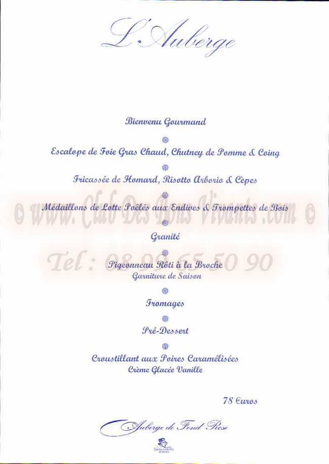 Restaurant Auberge De Fond Rose Carte Et Menus